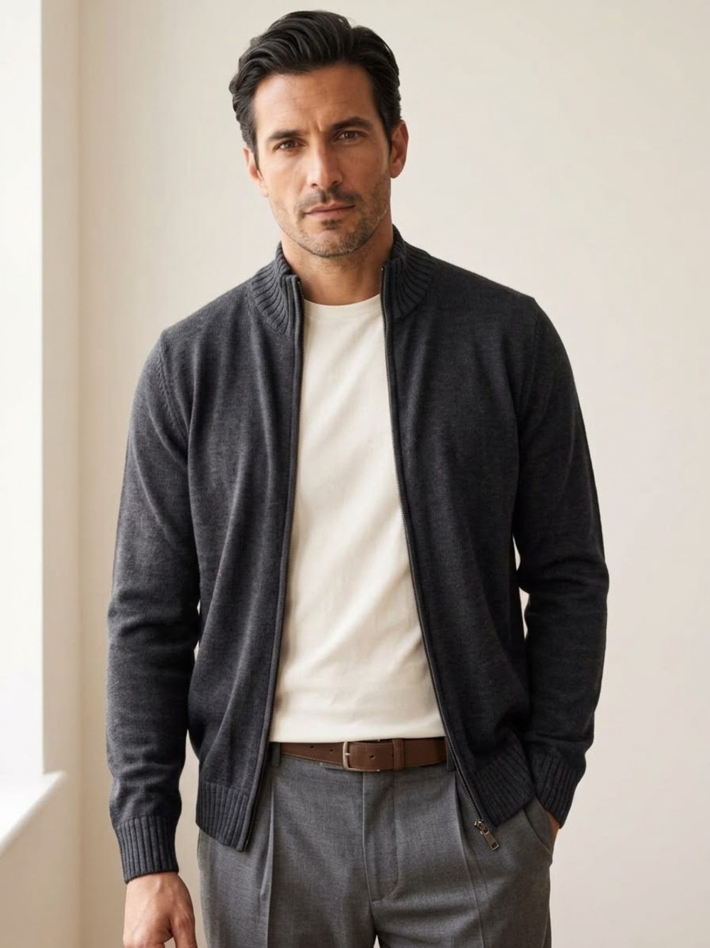Ferrante Merino Wool Full Zip Knit Sweater Size EU 56 = XL Grey Made in Italy